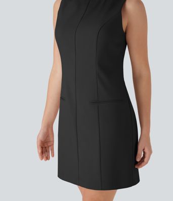 Boat Neck Sleeveless Botton Mini Work Dress with Pockets
