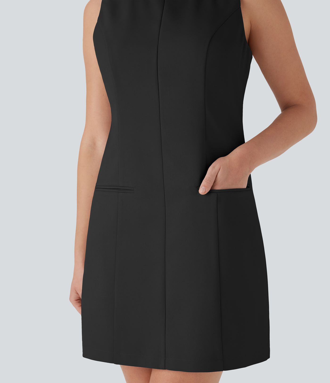 Boat Neck Sleeveless Botton Mini Work Dress with Pockets