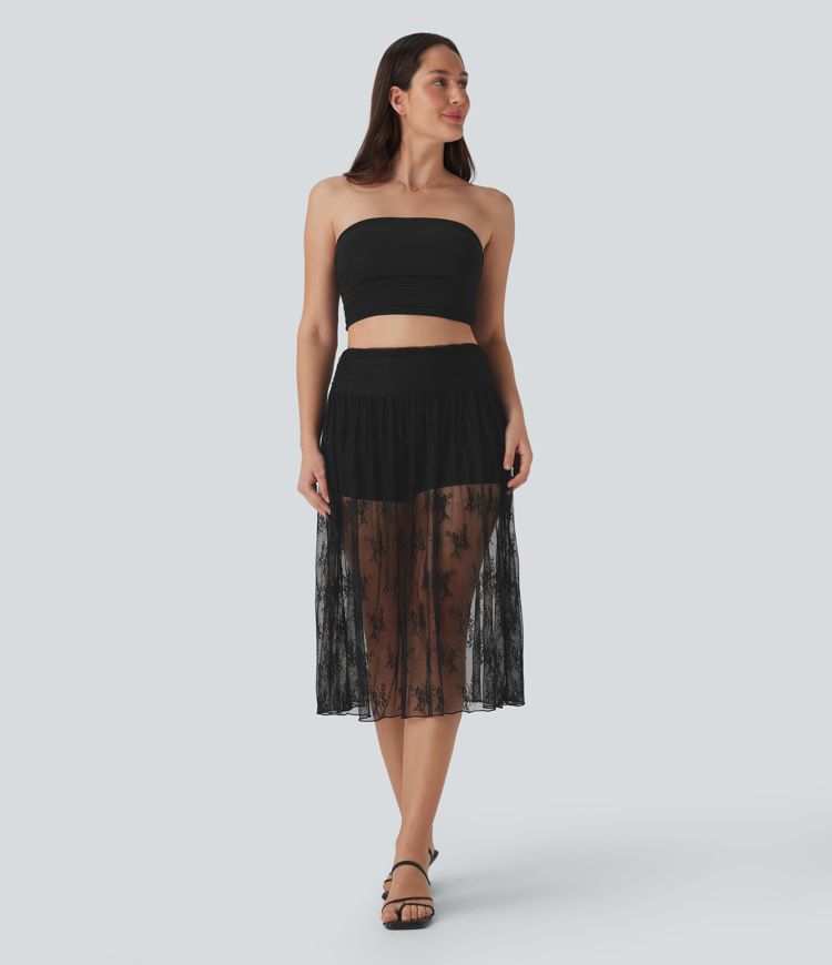 High Waisted 2-in-1 Lace Midi Party Skirt with Pocket