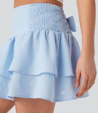 High Waisted Tie Back Shirred Tiered 2-in-1 Mini Casual Skirt