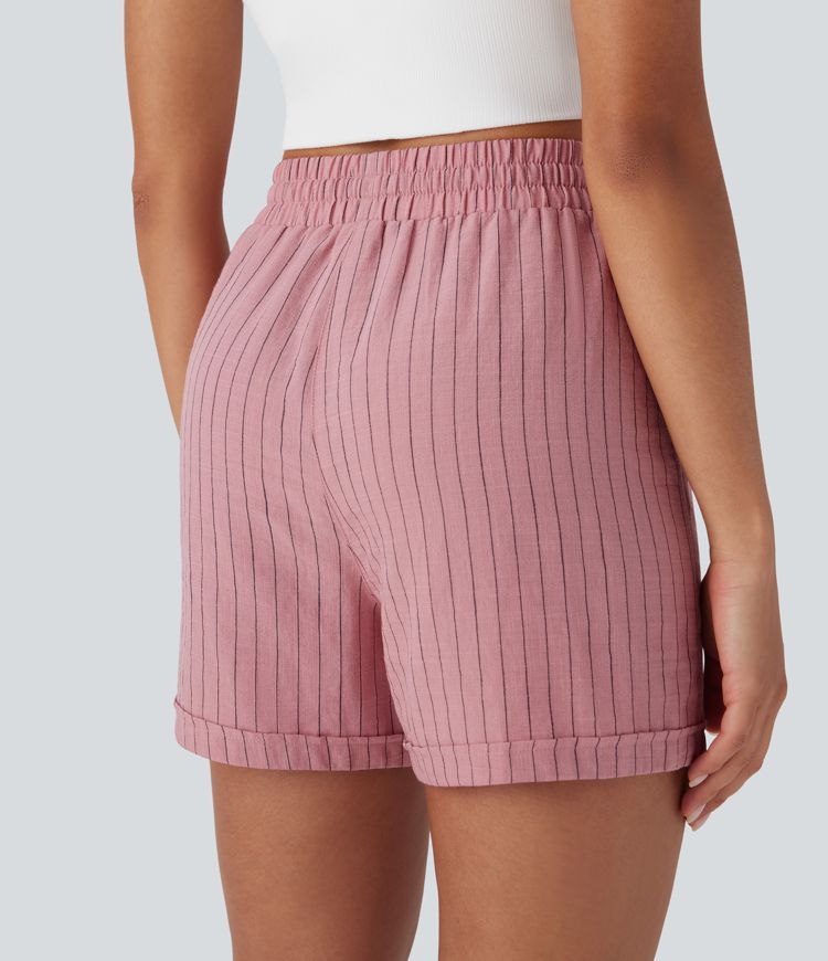 Shorts casuales de lino con tiro alto, cordón ajustable y bolsillos