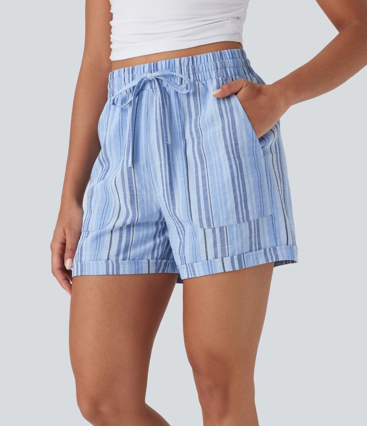 High Waisted Drawstring Stripe Casual Linen-Feel Shorts with Pockets
