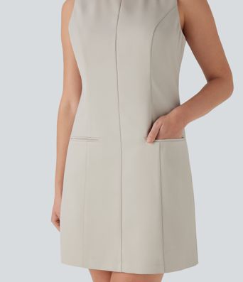 Vestido corto de oficina sin mancas con cuello barco, botones, cremallera invisible y bolsillos