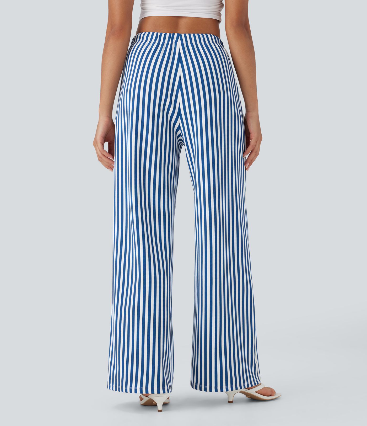 High Waisted Drawstring Stripe Waffle Wide Leg Pants with Pockets
