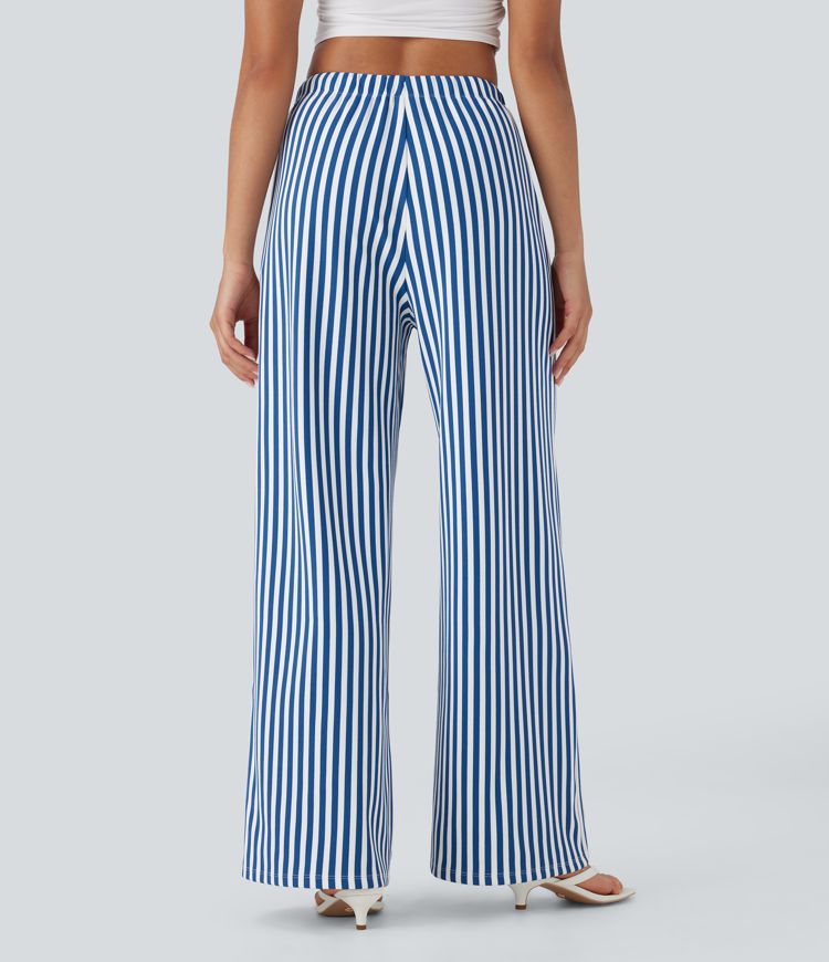 High Waisted Drawstring Stripe Waffle Wide Leg Pants with Pockets
