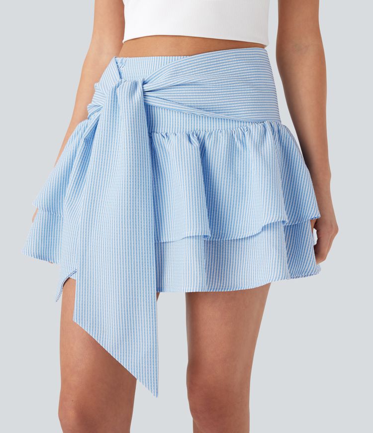 High Waisted Tie Back Shirred Tiered 2-in-1 Mini Casual Skirt