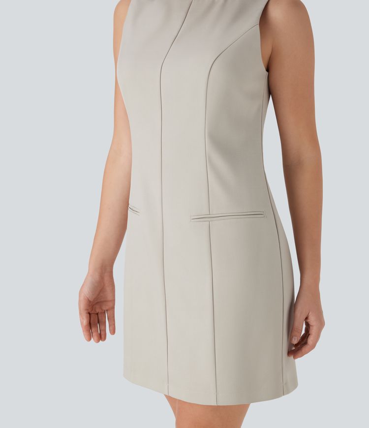 Robe de travail mini à encolure bateau sans manches avec bouton, fermeture éclair invisible et poches