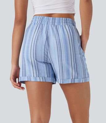 High Waisted Drawstring Stripe Casual Linen-Feel Shorts with Pockets