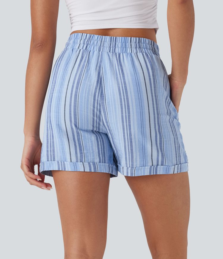 High Waisted Drawstring Stripe Casual Linen-Feel Shorts with Pockets