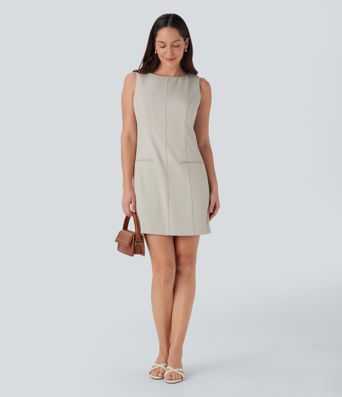 Vestido corto de oficina sin mancas con cuello barco, botones, cremallera invisible y bolsillos