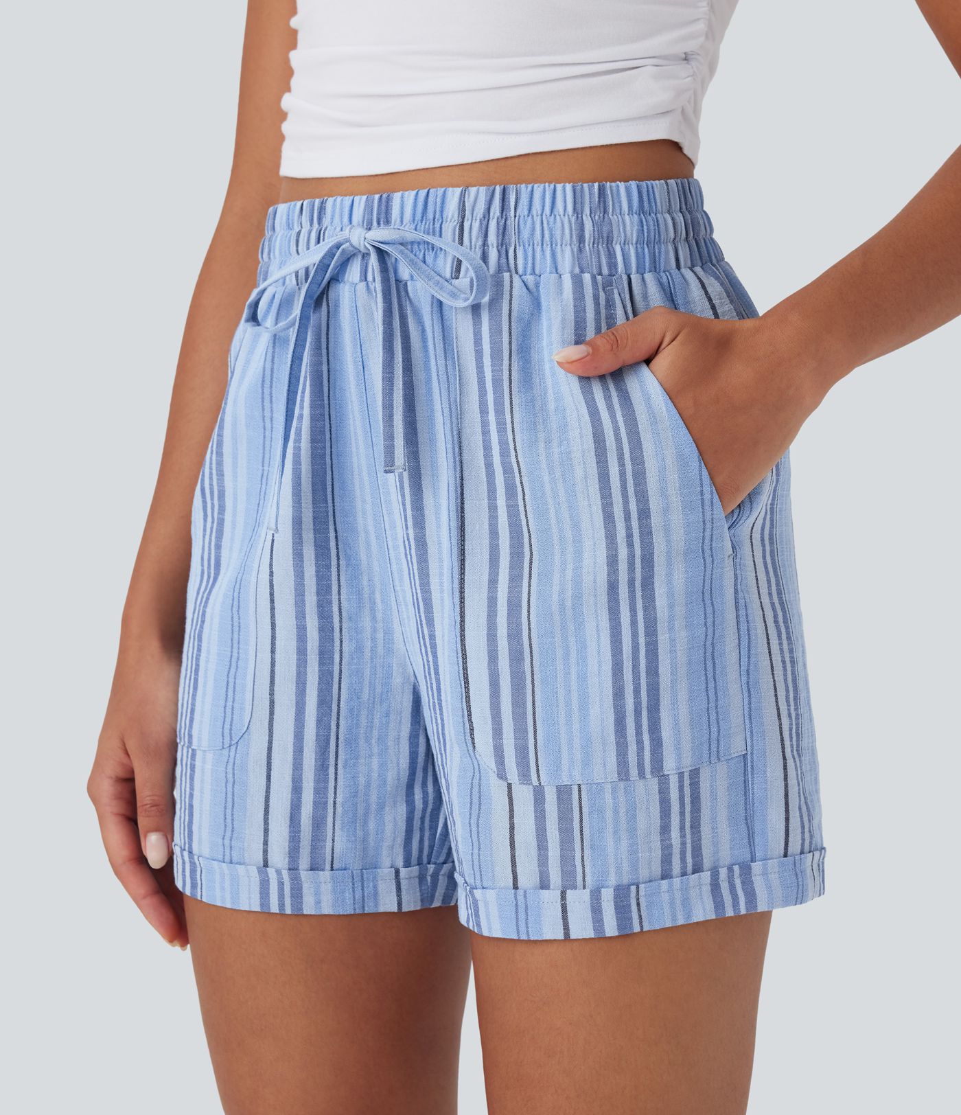 High Waisted Drawstring Stripe Casual Linen-Feel Shorts with Pockets