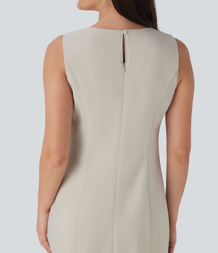 Robe de travail mini à encolure bateau sans manches avec bouton, fermeture éclair invisible et poches