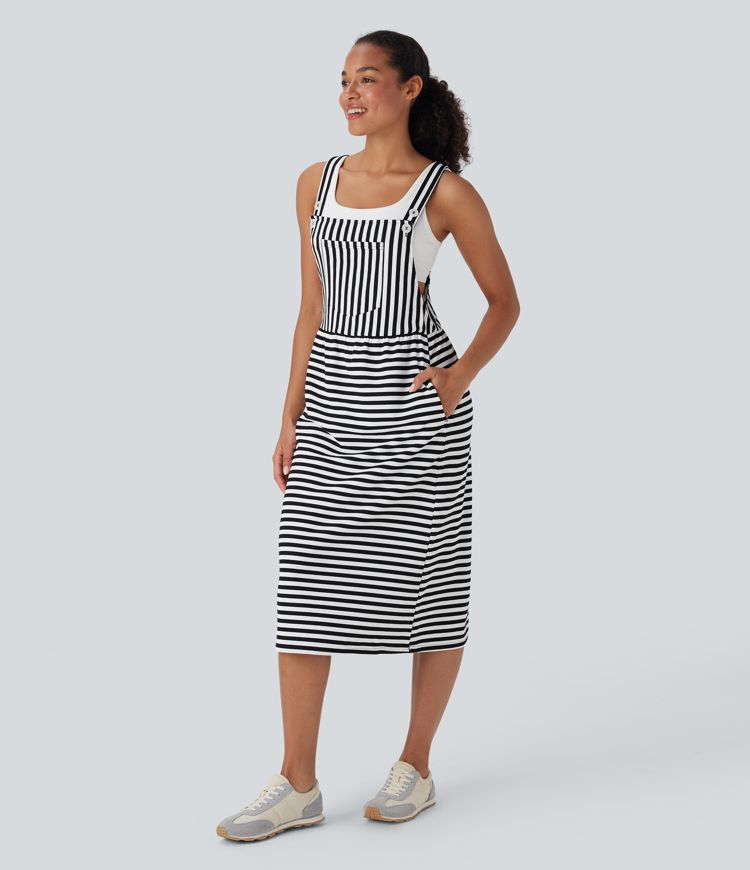 Adjustable Strap Button Multiple Pockets Stripe Waffle Casual Pinafore Dress