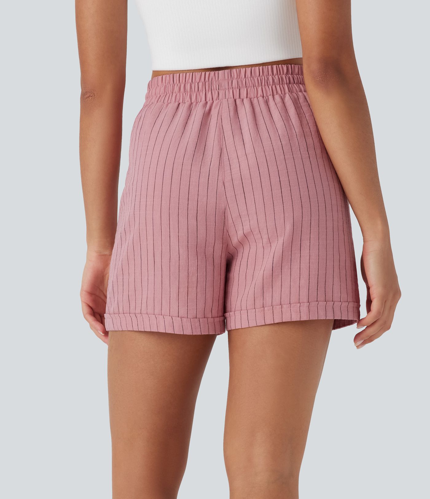 High Waisted Drawstring Stripe Casual Linen-Feel Shorts with Pockets