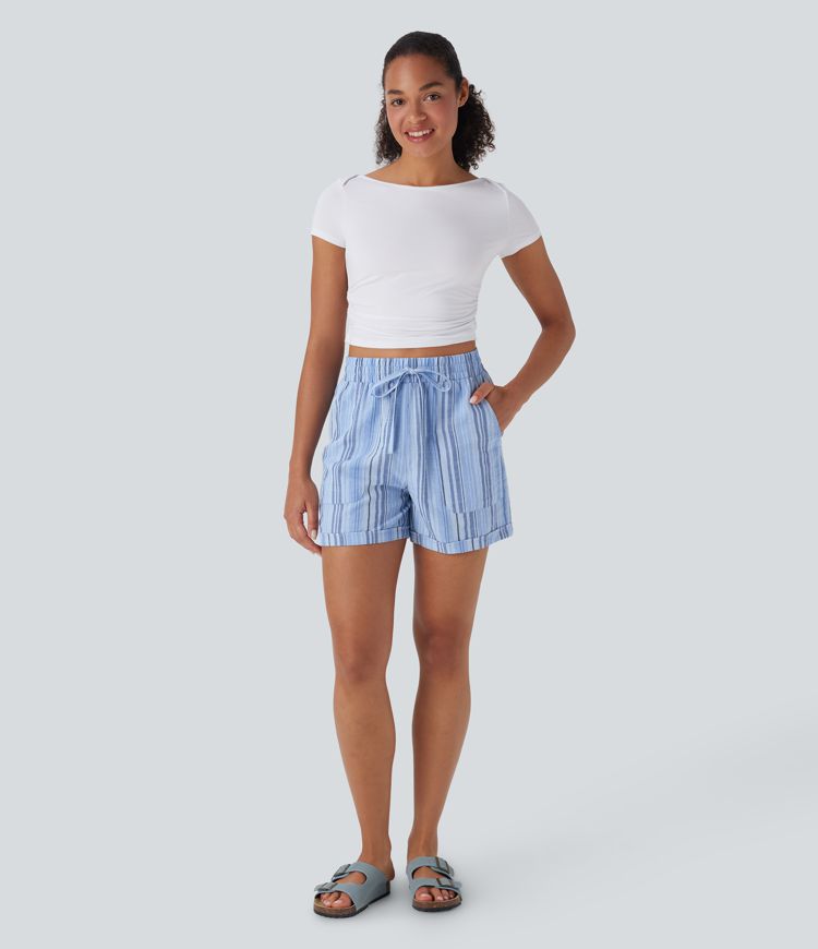 High Waisted Drawstring Stripe Casual Linen-Feel Shorts with Pockets