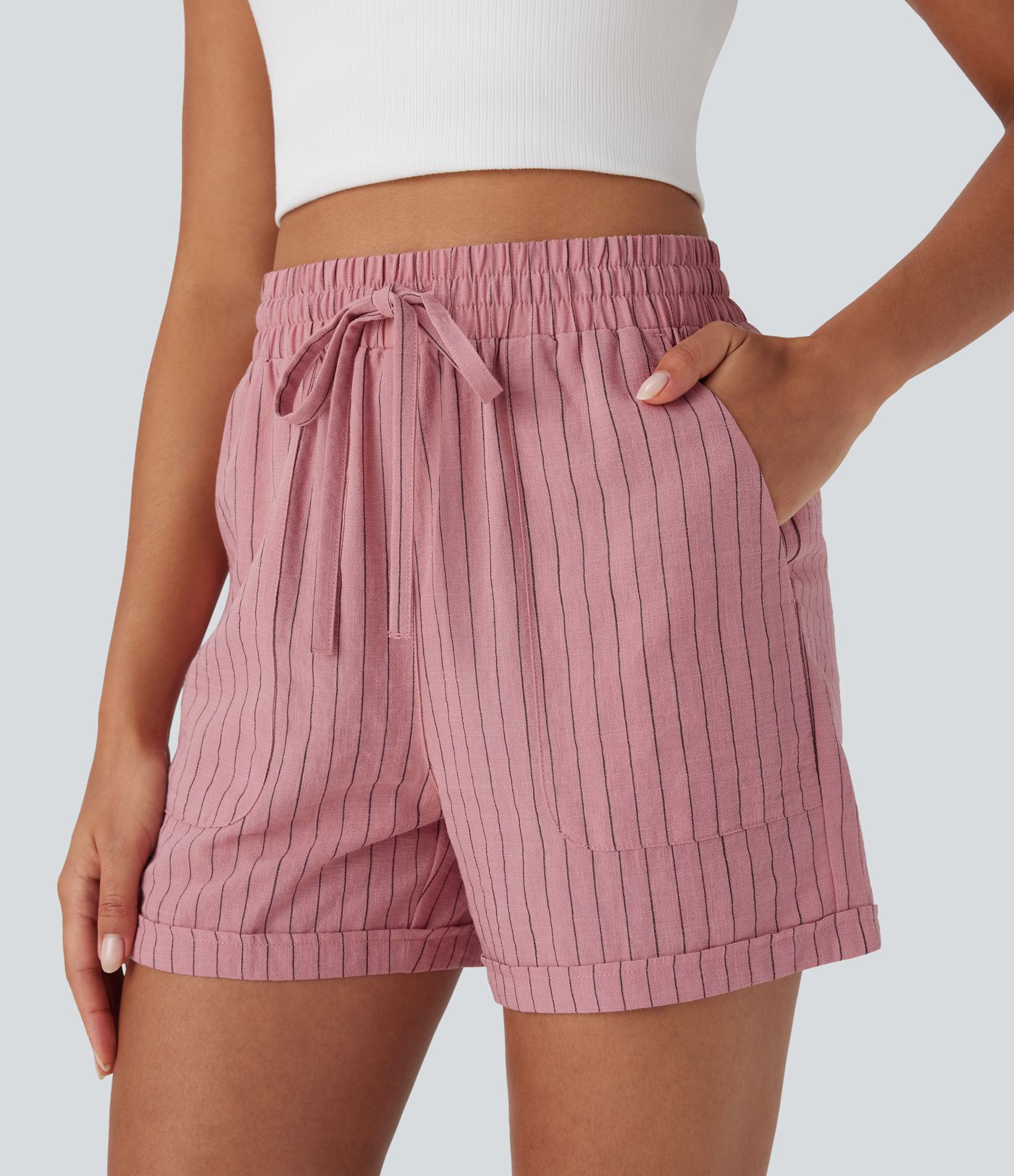 High Waisted Drawstring Stripe Casual Linen-Feel Shorts with Pockets