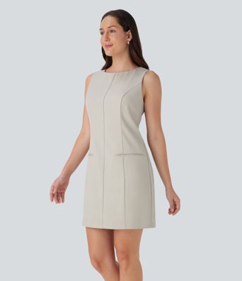 Vestido corto de oficina sin mancas con cuello barco, botones, cremallera invisible y bolsillos