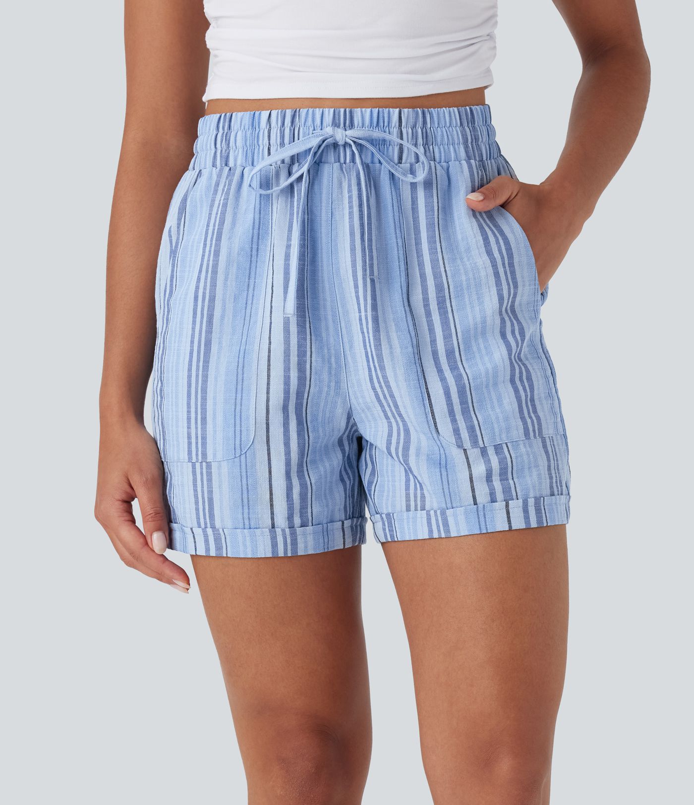 High Waisted Drawstring Stripe Casual Linen-Feel Shorts with Pockets