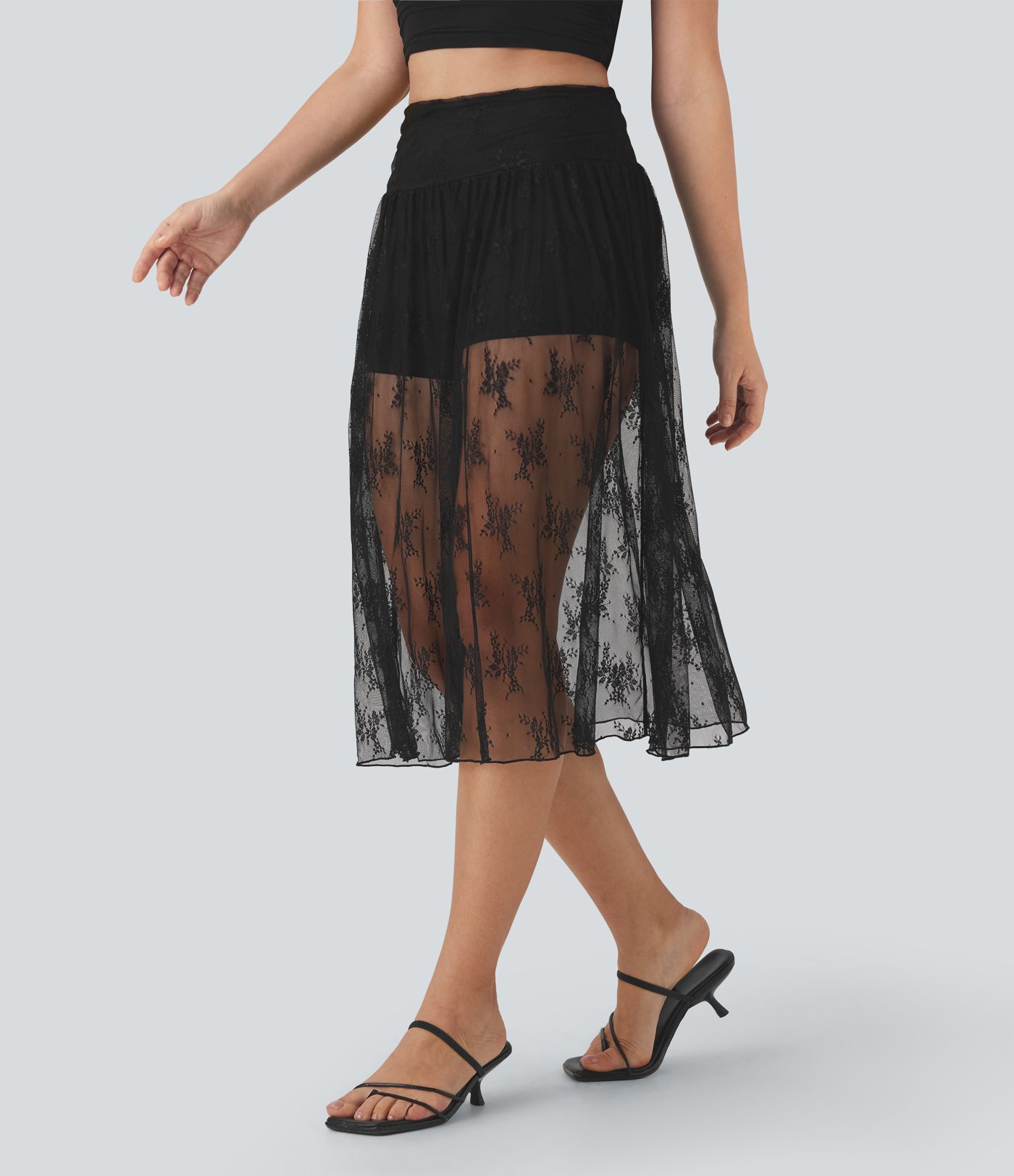 High Waisted 2-in-1 Lace Midi Party Skirt with Pocket