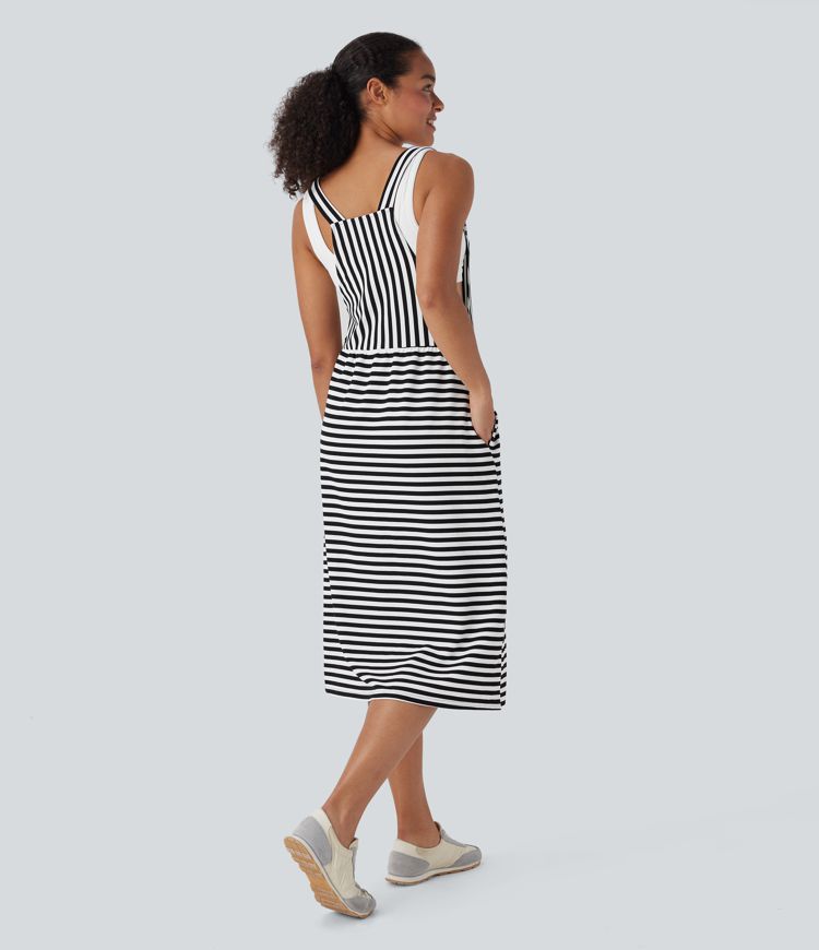 Adjustable Strap Button Multiple Pockets Stripe Waffle Casual Pinafore Dress
