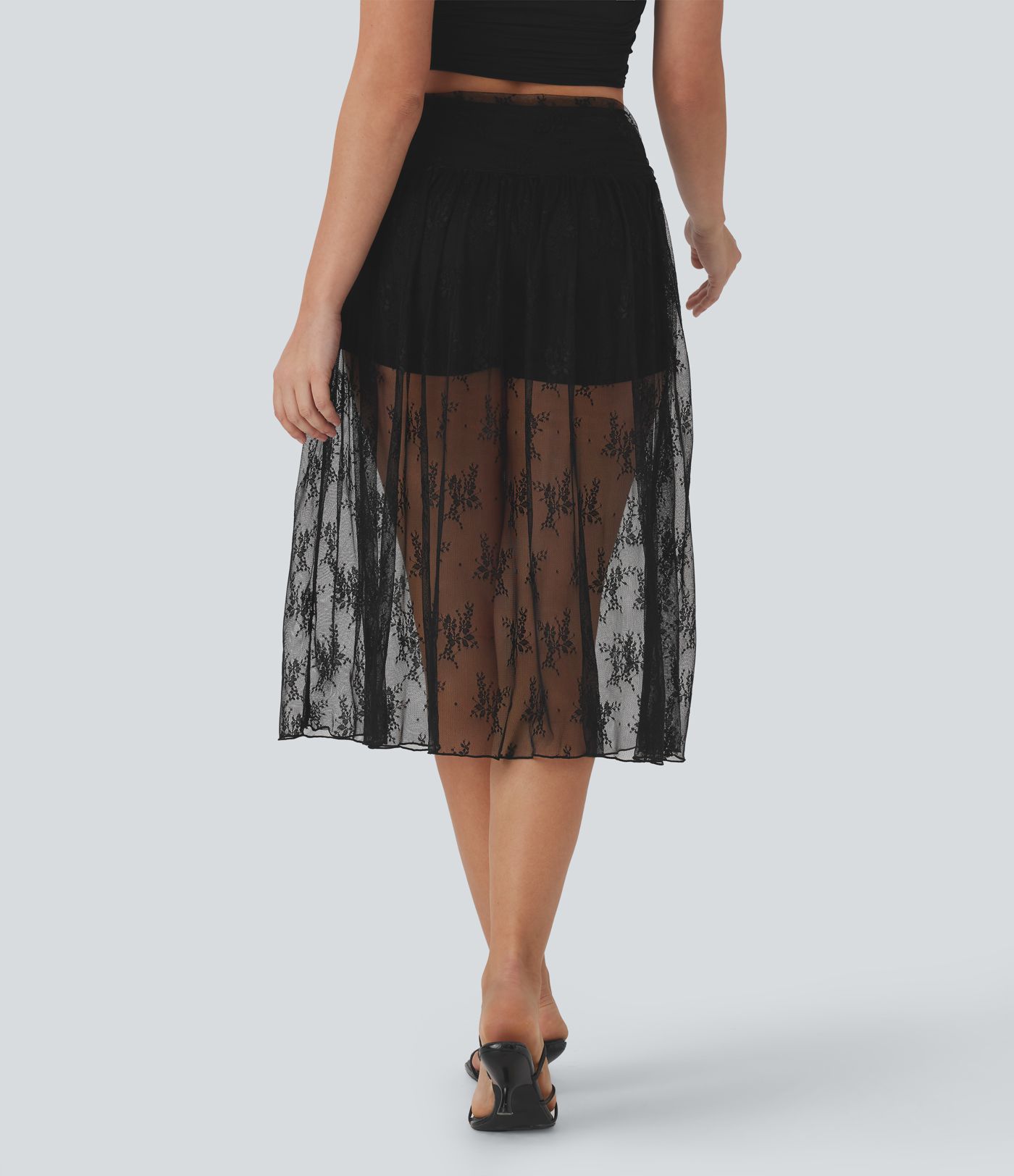 High Waisted 2-in-1 Lace Midi Party Skirt with Pocket