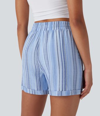High Waisted Drawstring Stripe Casual Linen-Feel Shorts with Pockets