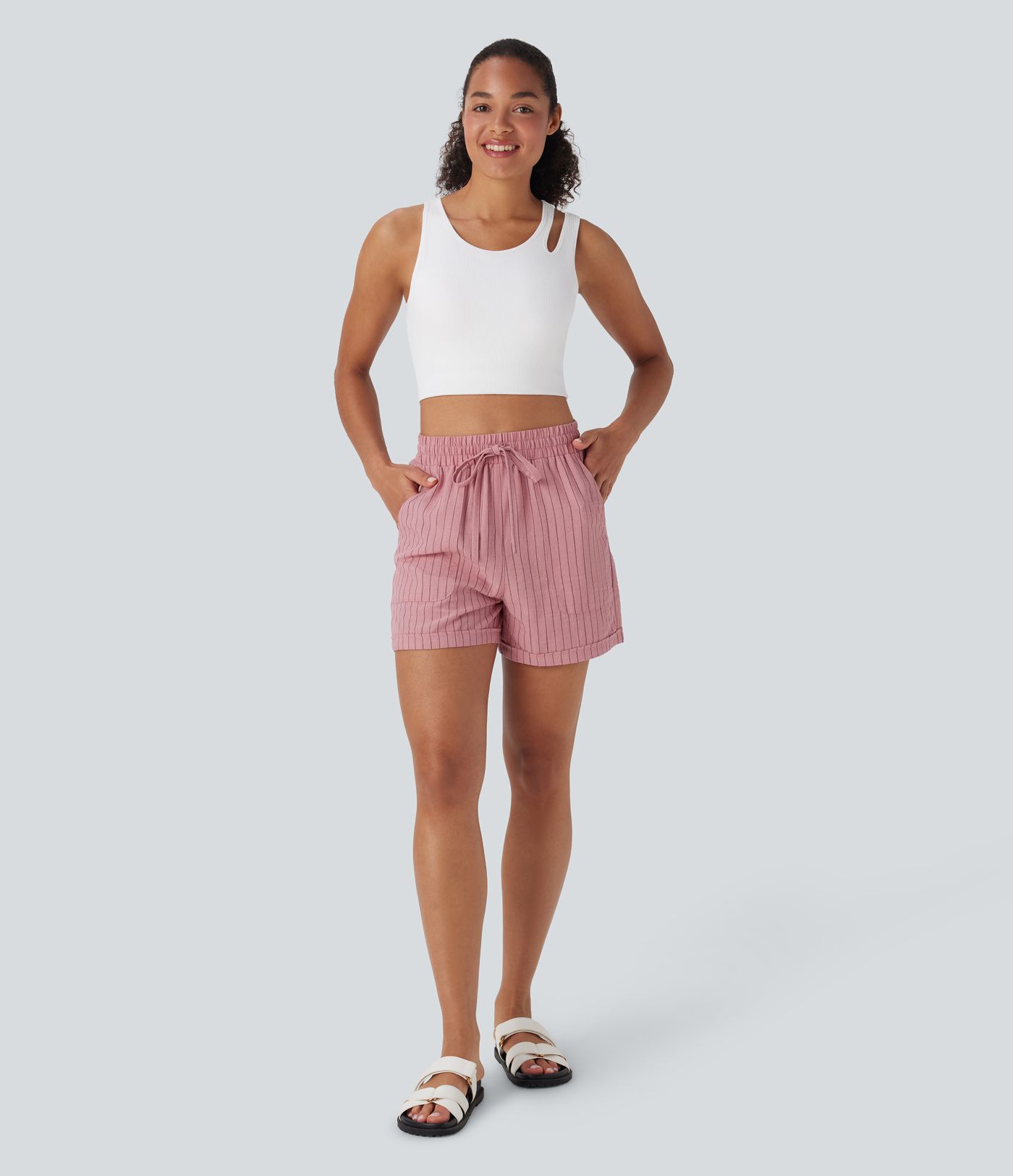 High Waisted Drawstring Stripe Casual Linen-Feel Shorts with Pockets