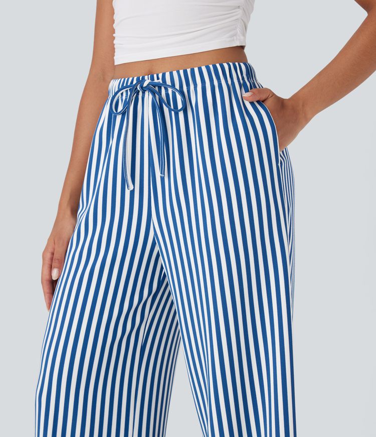High Waisted Drawstring Stripe Waffle Wide Leg Pants with Pockets