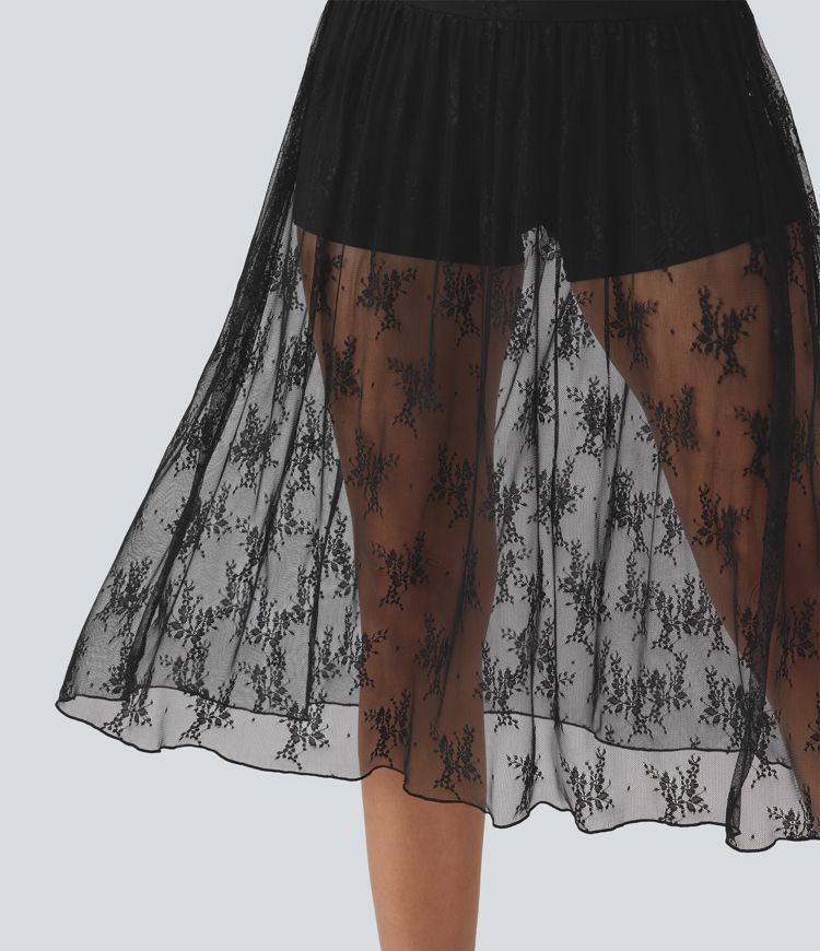 High Waisted 2-in-1 Lace Midi Party Skirt with Pocket