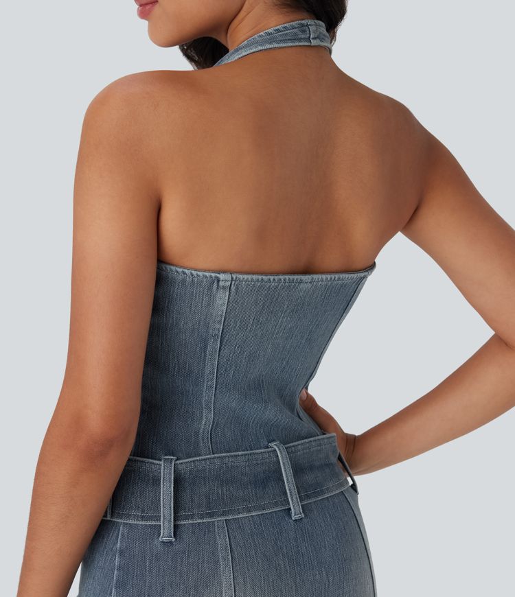 Halara Flex™ Halter Zipper Belted Bodycon Mini Washed Denim Casual Dress