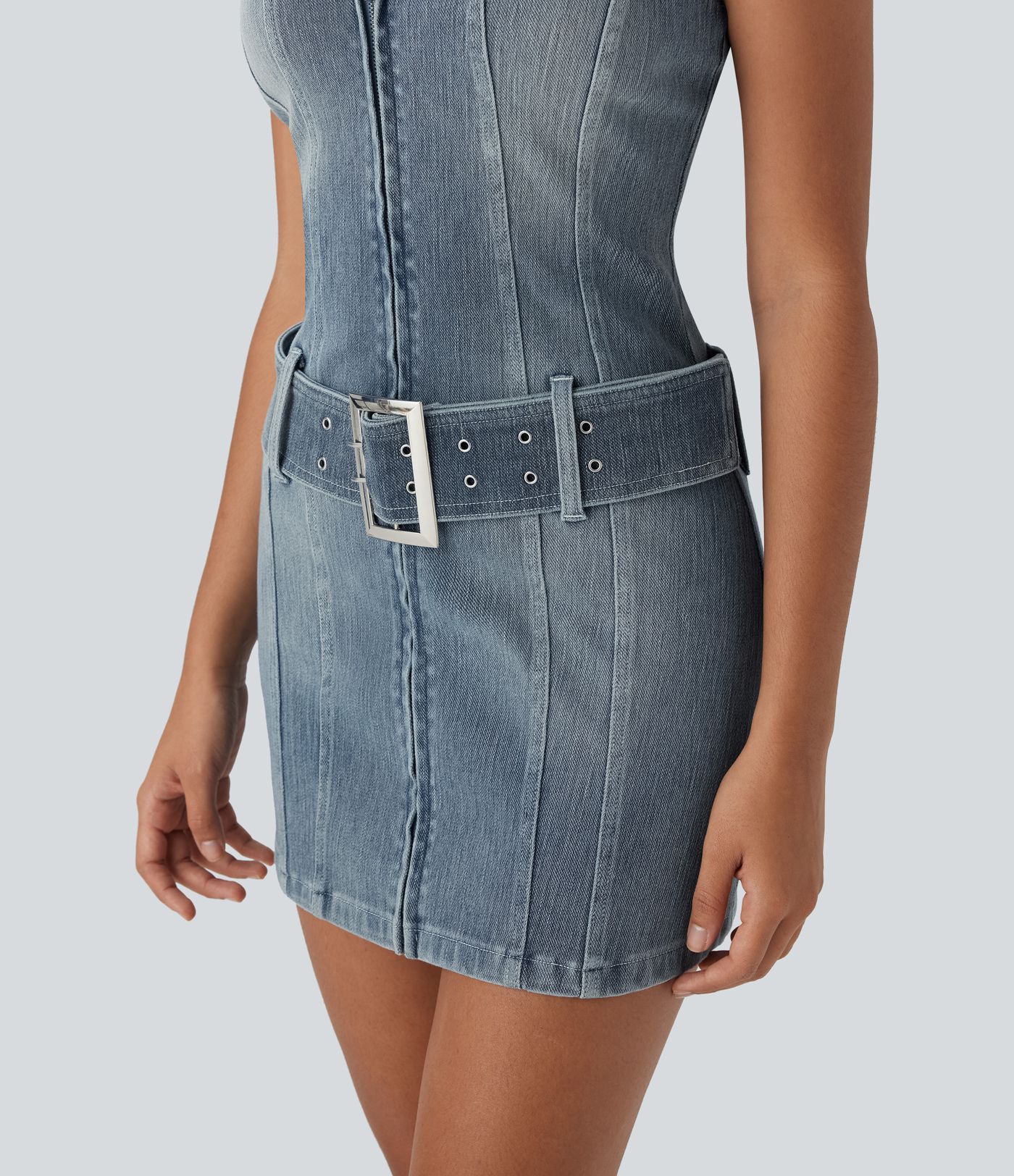 Halara Flex™ Halter Zipper Belted Bodycon Mini Washed Denim Casual Dress