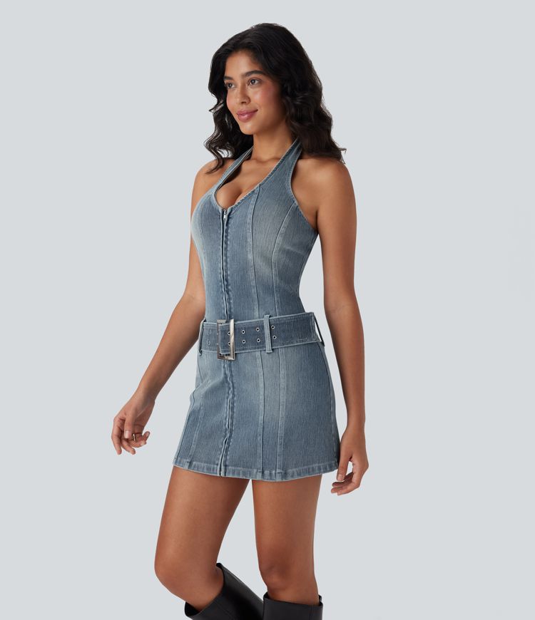 Halara Flex™ Halter Zipper Belted Bodycon Mini Washed Denim Casual Dress