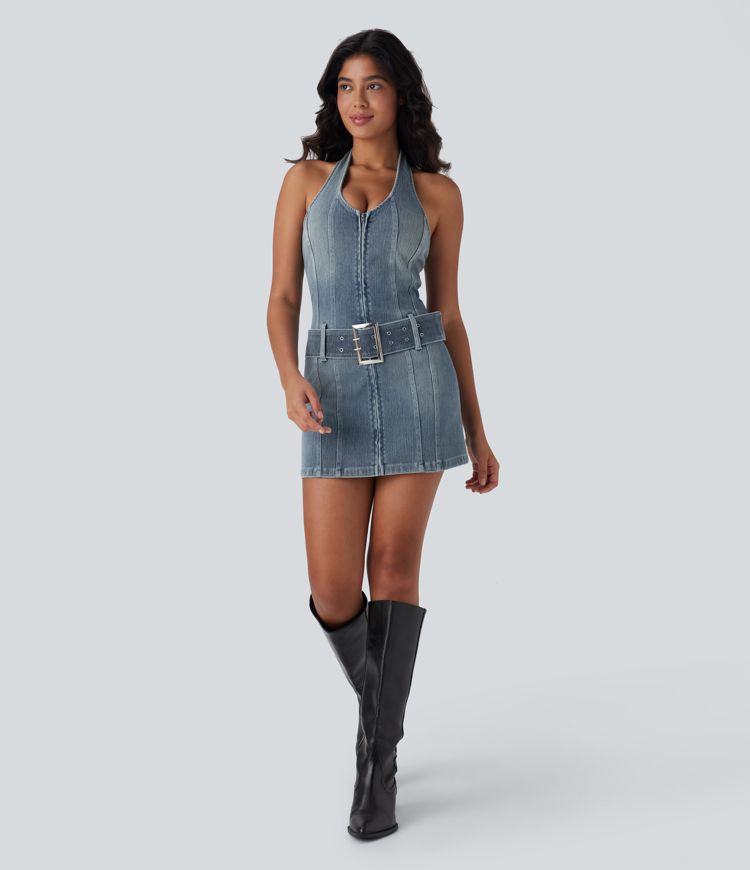 Halara Flex™ Halter Zipper Belted Bodycon Mini Washed Denim Casual Dress