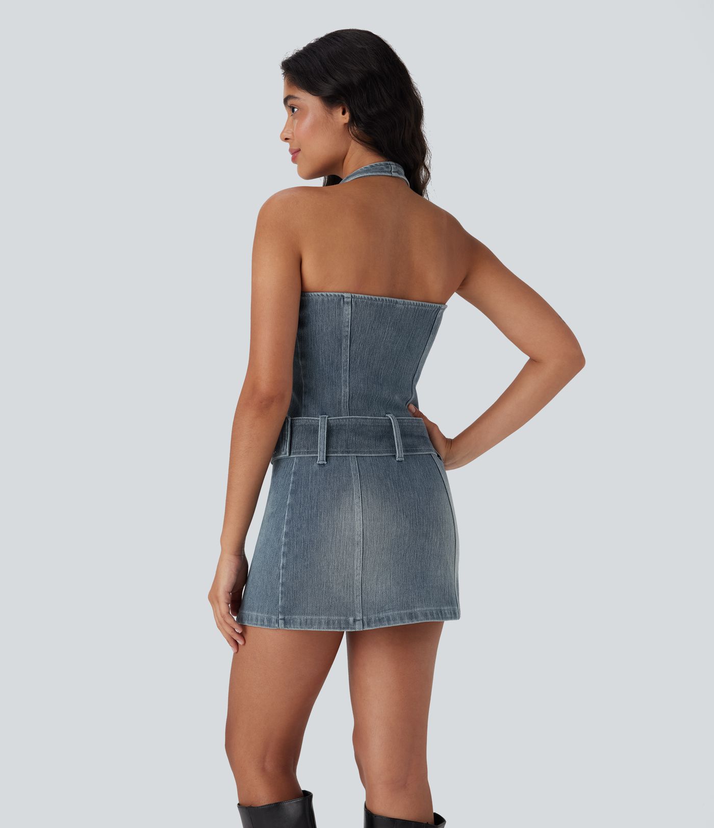 Halara Flex™ Halter Zipper Belted Bodycon Mini Washed Denim Casual Dress