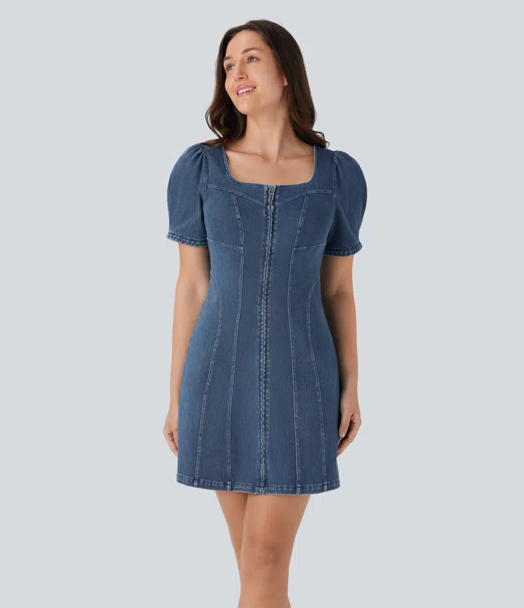 Halara Flex™ Square Neck Short Sleeve Zipper Denim Mini Casual Dress