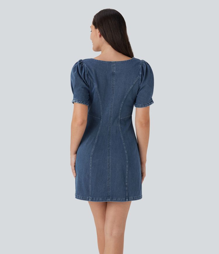 Halara Flex™ Square Neck Short Sleeve Zipper Denim Mini Casual Dress