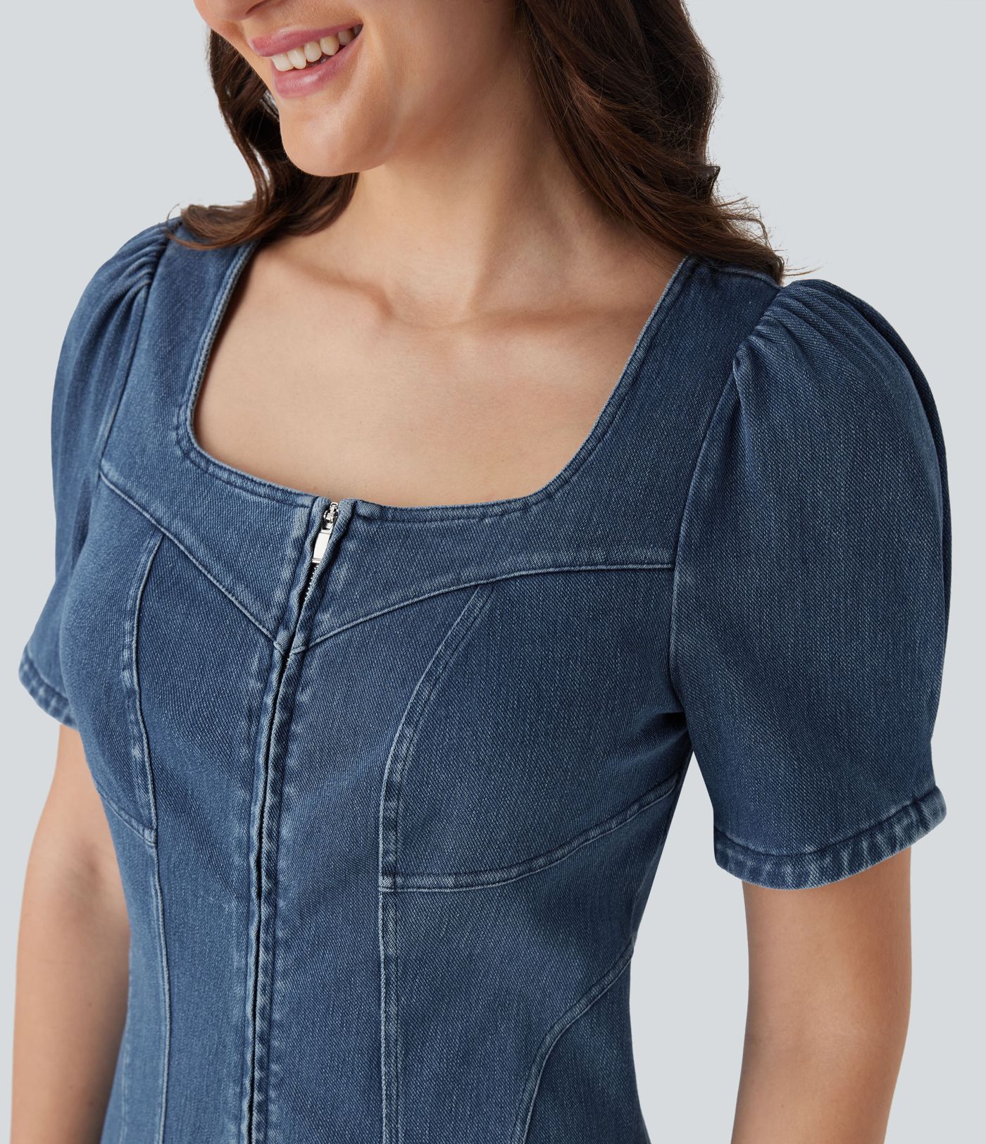Halara Flex™ Square Neck Short Sleeve Zipper Denim Mini Casual Dress