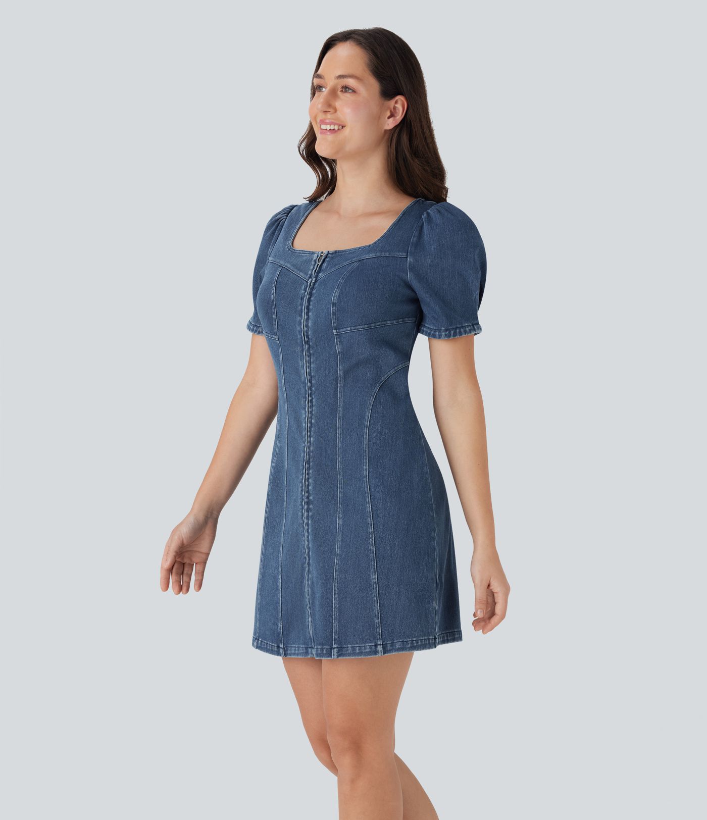 Halara Flex™ Square Neck Short Sleeve Zipper Denim Mini Casual Dress