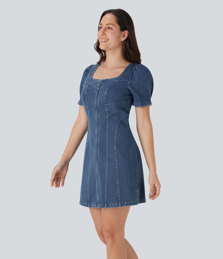 Halara Flex™ Square Neck Short Sleeve Zipper Denim Mini Casual Dress