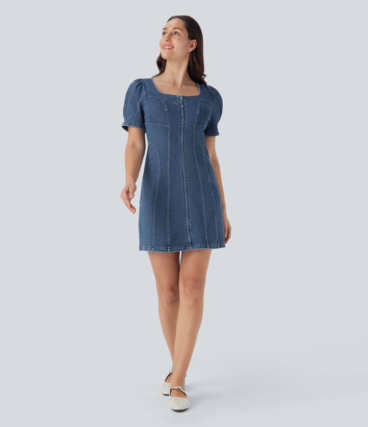Halara Flex™ Square Neck Short Sleeve Zipper Denim Mini Casual Dress