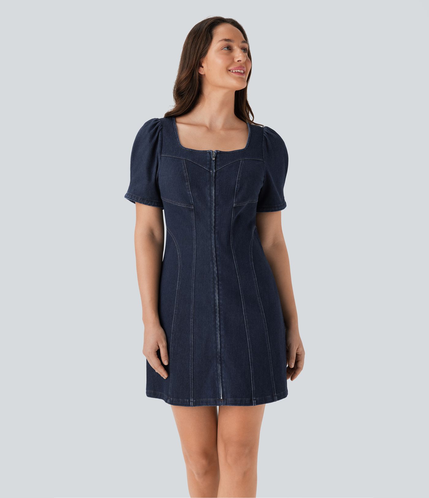 Halara Flex™ Square Neck Short Sleeve Zipper Stretchy Knit Denim Mini Casual Dress