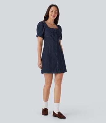 Halara Flex™ Square Neck Short Sleeve Zipper Stretchy Knit Denim Mini Casual Dress