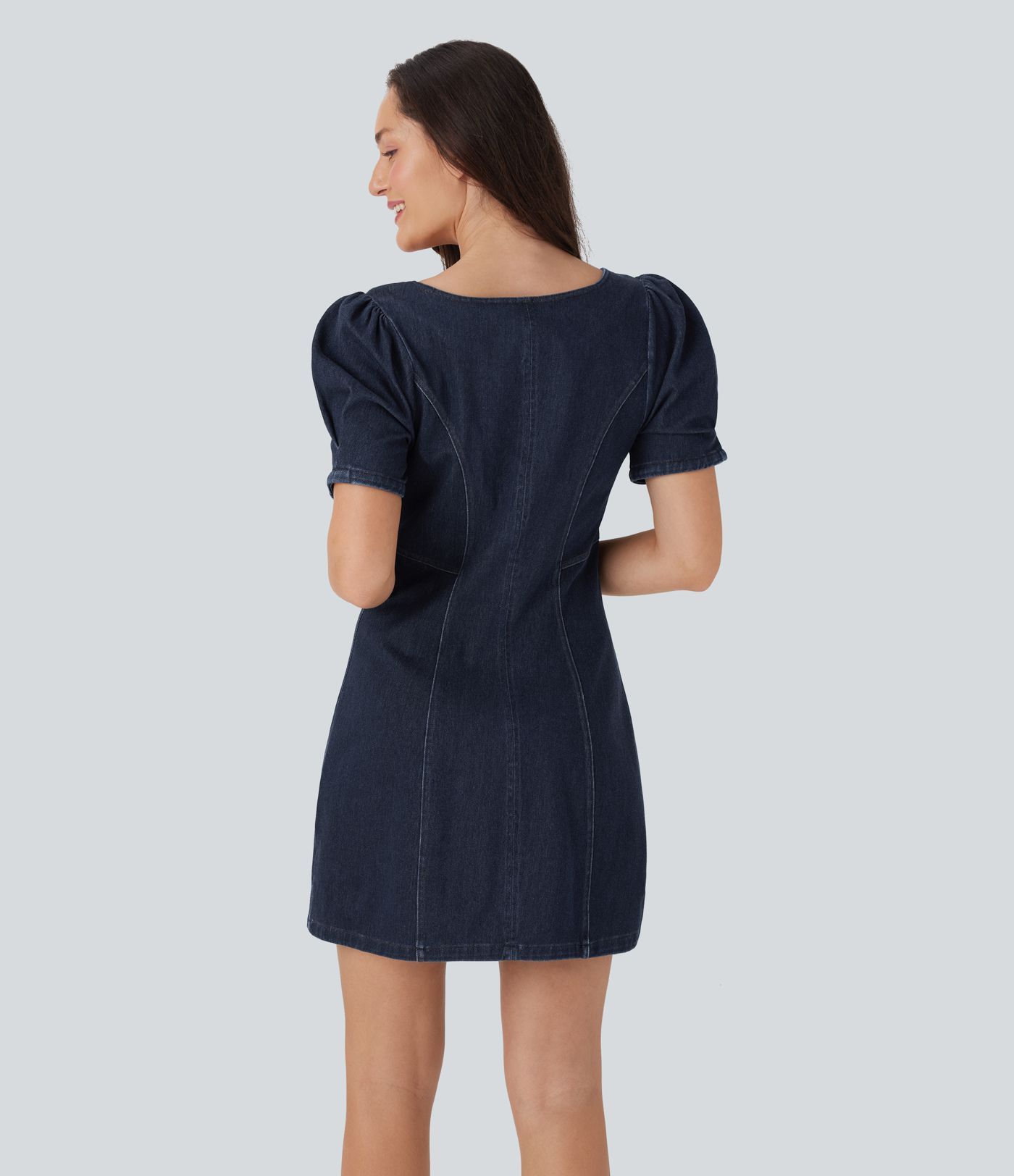 Halara Flex™ Square Neck Short Sleeve Zipper Stretchy Knit Denim Mini Casual Dress