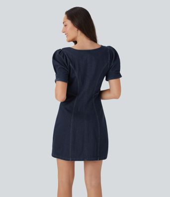 Halara Flex™ Square Neck Short Sleeve Zipper Stretchy Knit Denim Mini Casual Dress