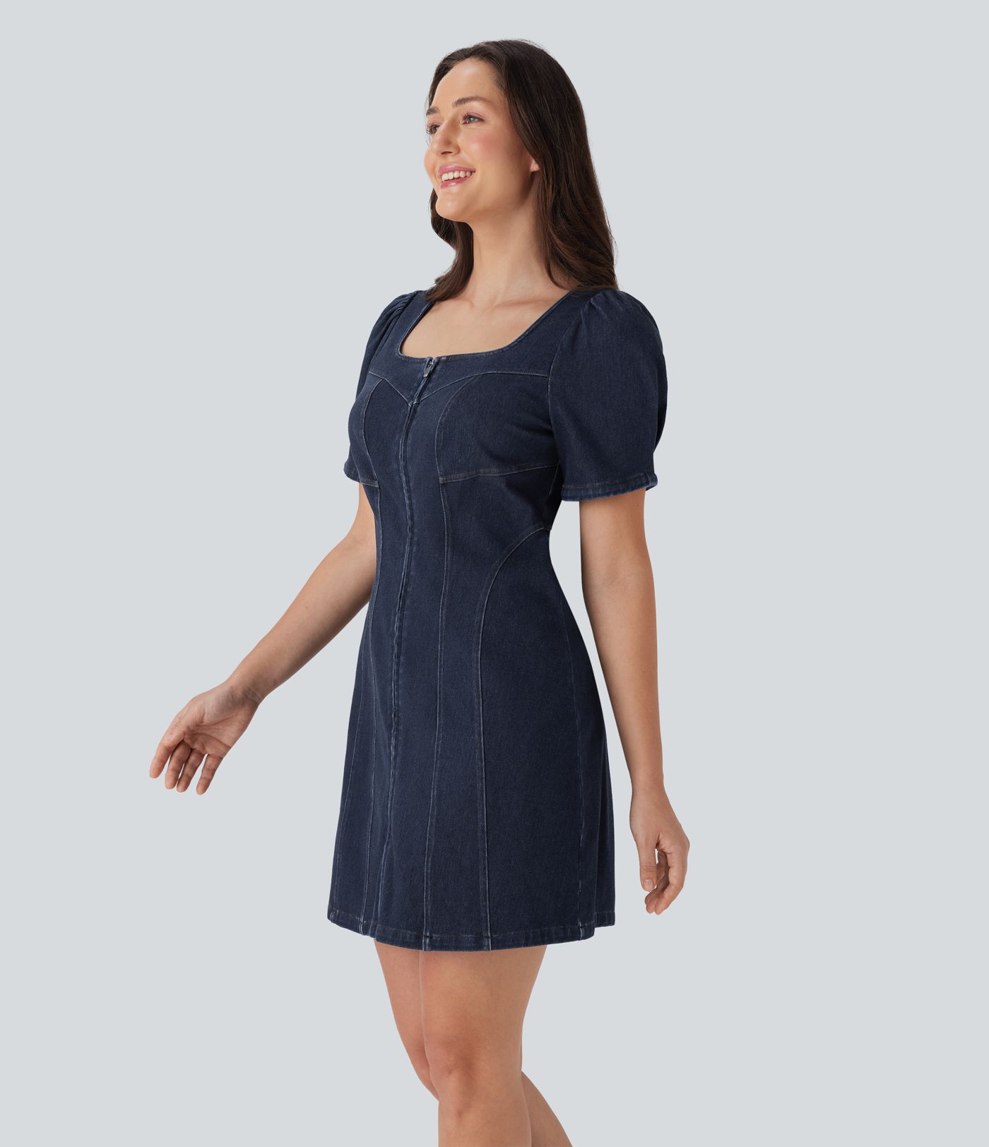 Halara Flex™ Square Neck Short Sleeve Zipper Stretchy Knit Denim Mini Casual Dress
