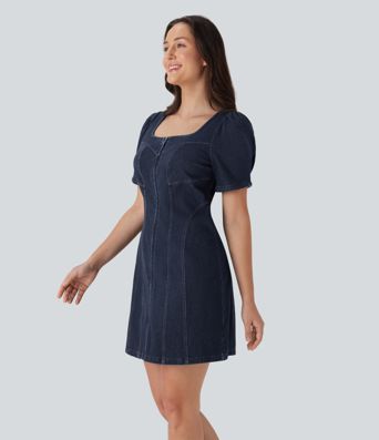 Halara Flex™ Square Neck Short Sleeve Zipper Stretchy Knit Denim Mini Casual Dress