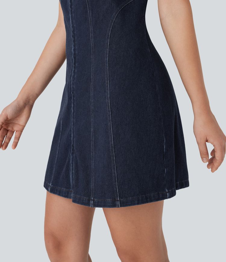 Halara Flex™ Square Neck Short Sleeve Zipper Stretchy Knit Denim Mini Casual Dress