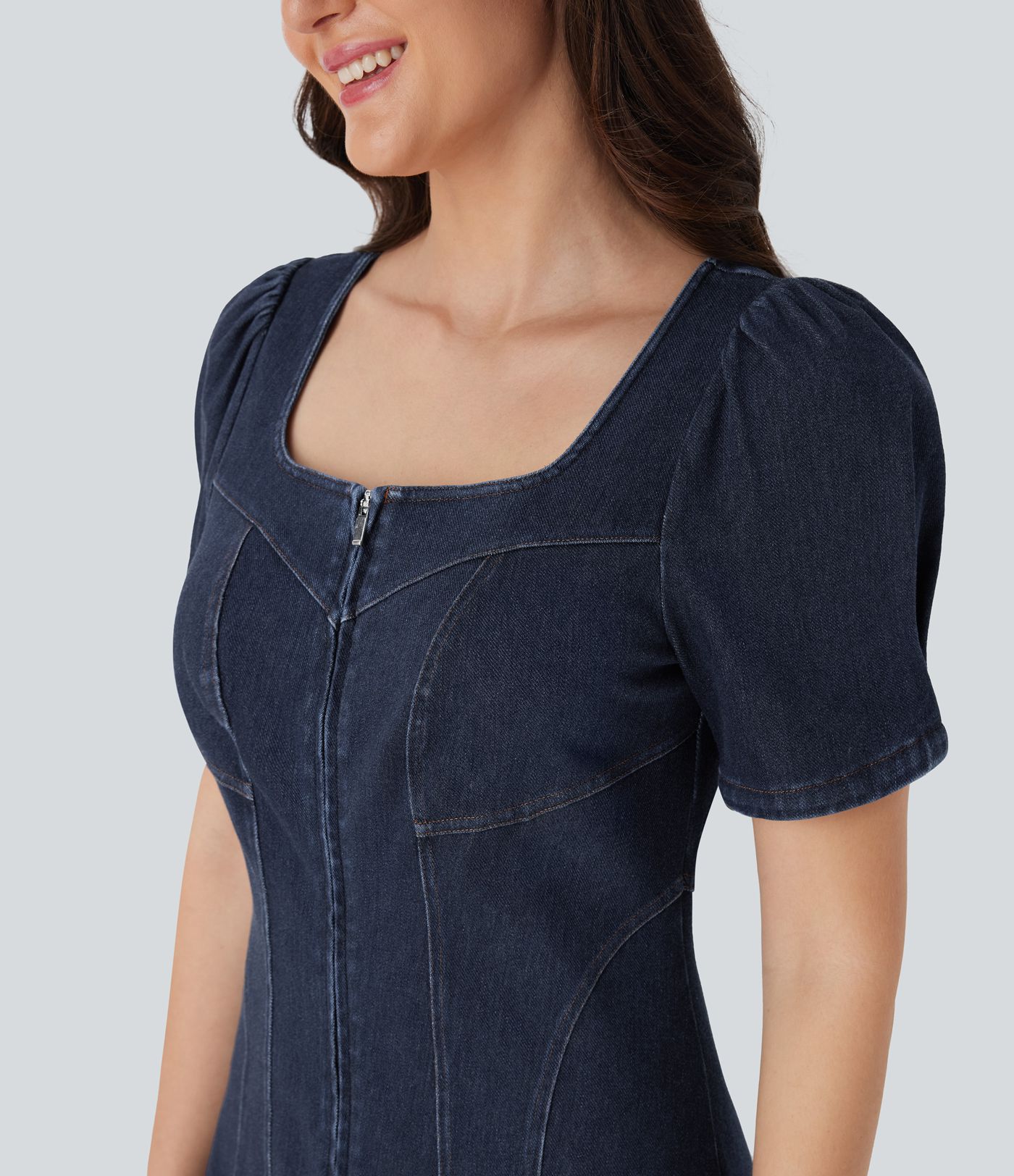 Halara Flex™ Square Neck Short Sleeve Zipper Stretchy Knit Denim Mini Casual Dress