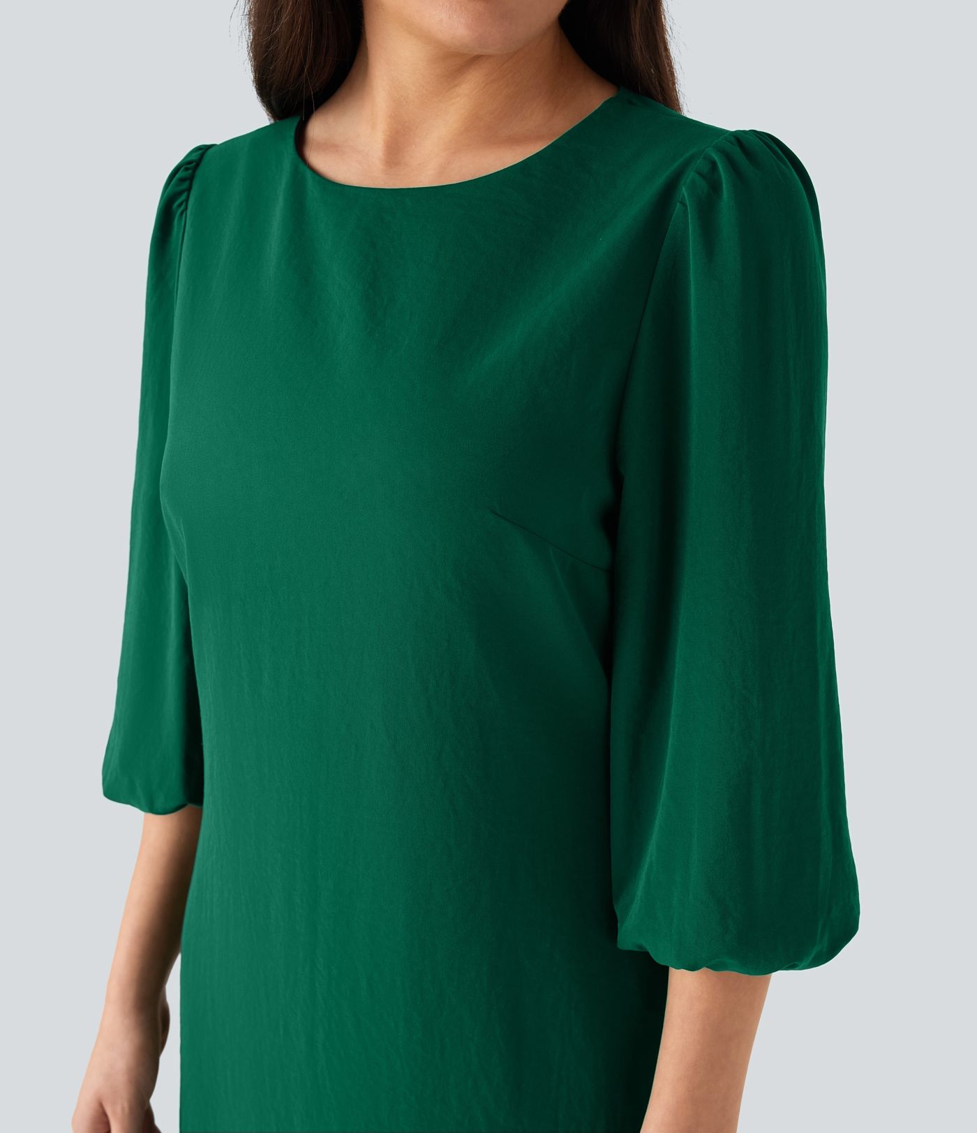 Round Neck Puff Sleeve Mini Work Linen-Feel Dress