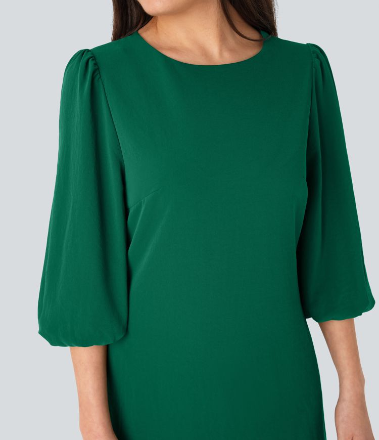 Round Neck Puff Sleeve Mini Work Linen-Feel Dress